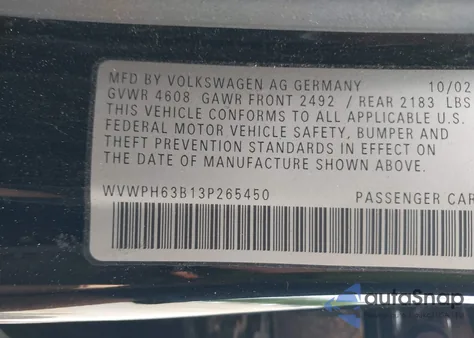 2003 Volkswagen Passat Gls V6 from USA, damaged, VIN WVWPH63B13P265450